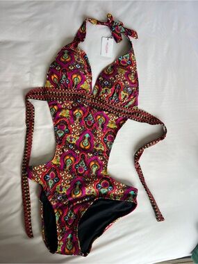 RELLECIGA Digital Gypsy One Piece Swimsuit w/ Cutouts in Magenta, Teal & Orange
